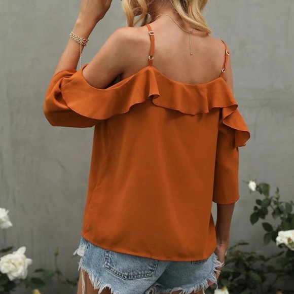 Boho burnt orange Ruffle Detail Cold Shoulder Blouse - Picture 4 of 7